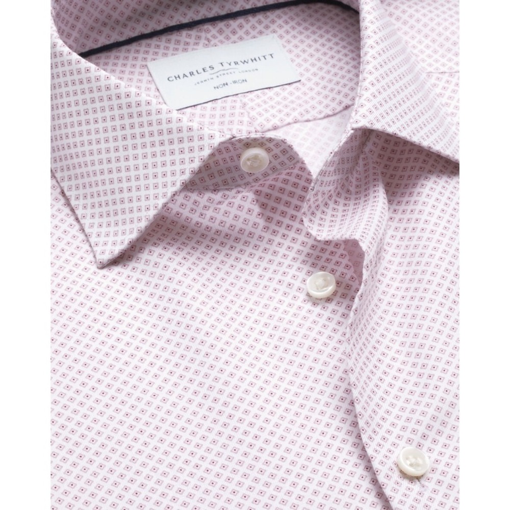 Charles Tyrwhitt Mens XXL Non-Iron Dress Shirt Pink White Geometric 18/35
